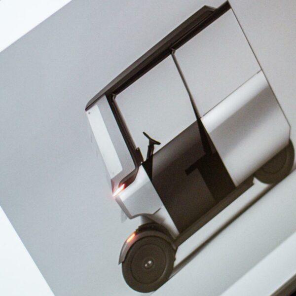 This is the prototype of the micro mobility solution of OTO's sustainable three-wheel electric cabin scooter.