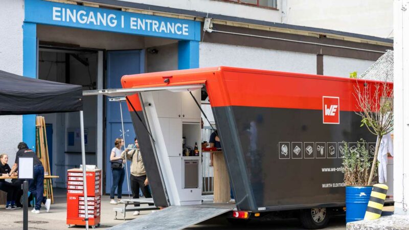 The Würth Elektronik show truck in front of the MotionLab.Berlin innovation lab and makerspace in Berlin Alt-Treptow.